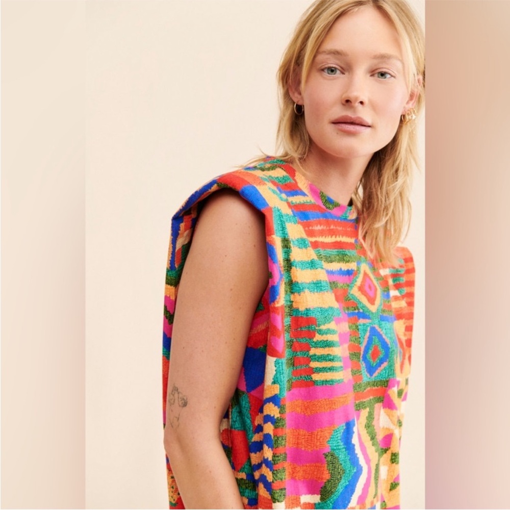 🪘 FARM Rio Multicolor Geometric Patches Tribal twist rope belted Dress Large - Picture 4 of 14